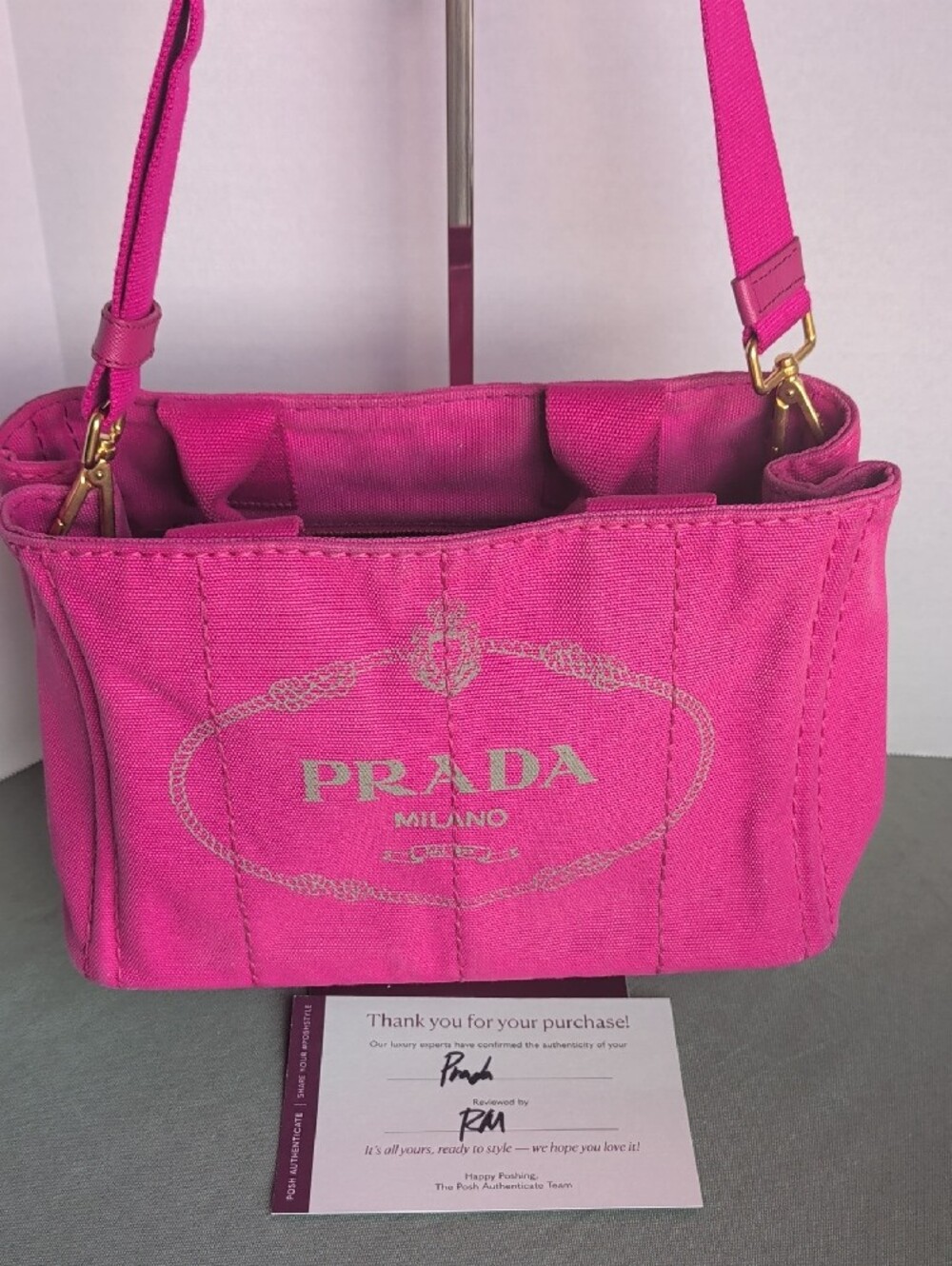 PRADA Pink Canapa Canvas PM Tote With Strap - Picture 7 of 16